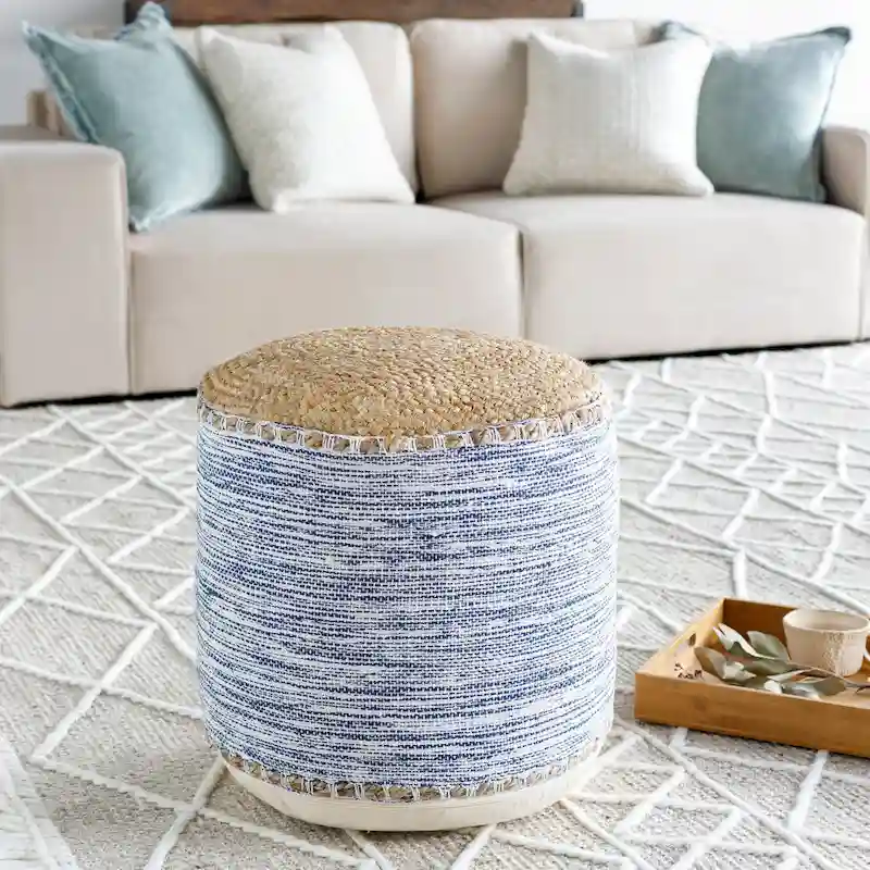 18-Inch Cylinder Pouf - Natural Woven Cotton and Jute