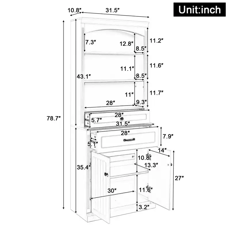 78 Tall Cabinet with Doors and Drawers, Freestanding Storage Bookshelf Bookcase Pantry Space Saver White