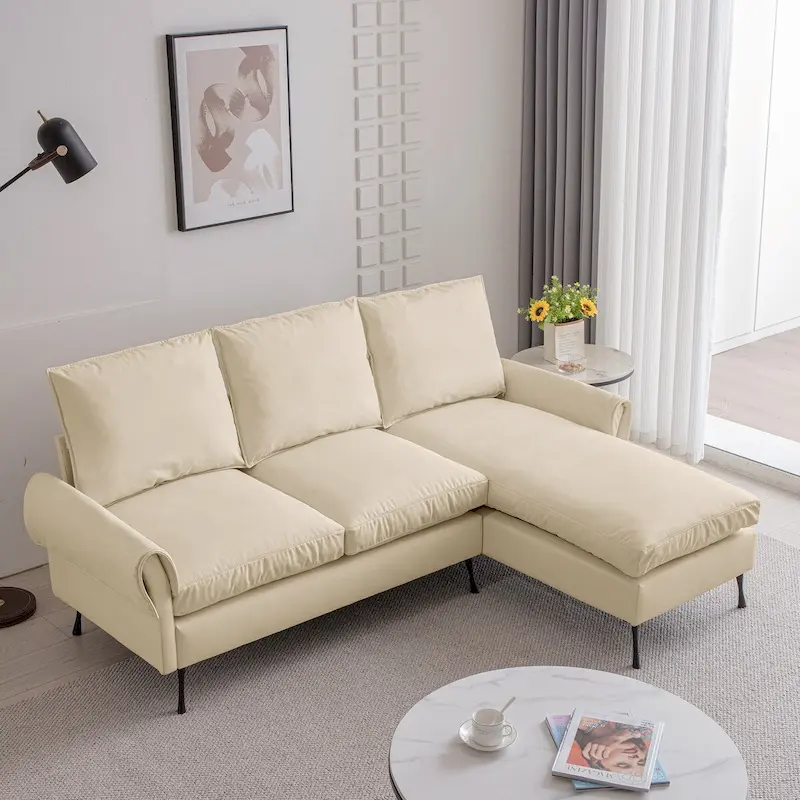 Contemporary Technical Leather L-Shaped Sofa Couch, Reversible Chaise Lounge, Beige