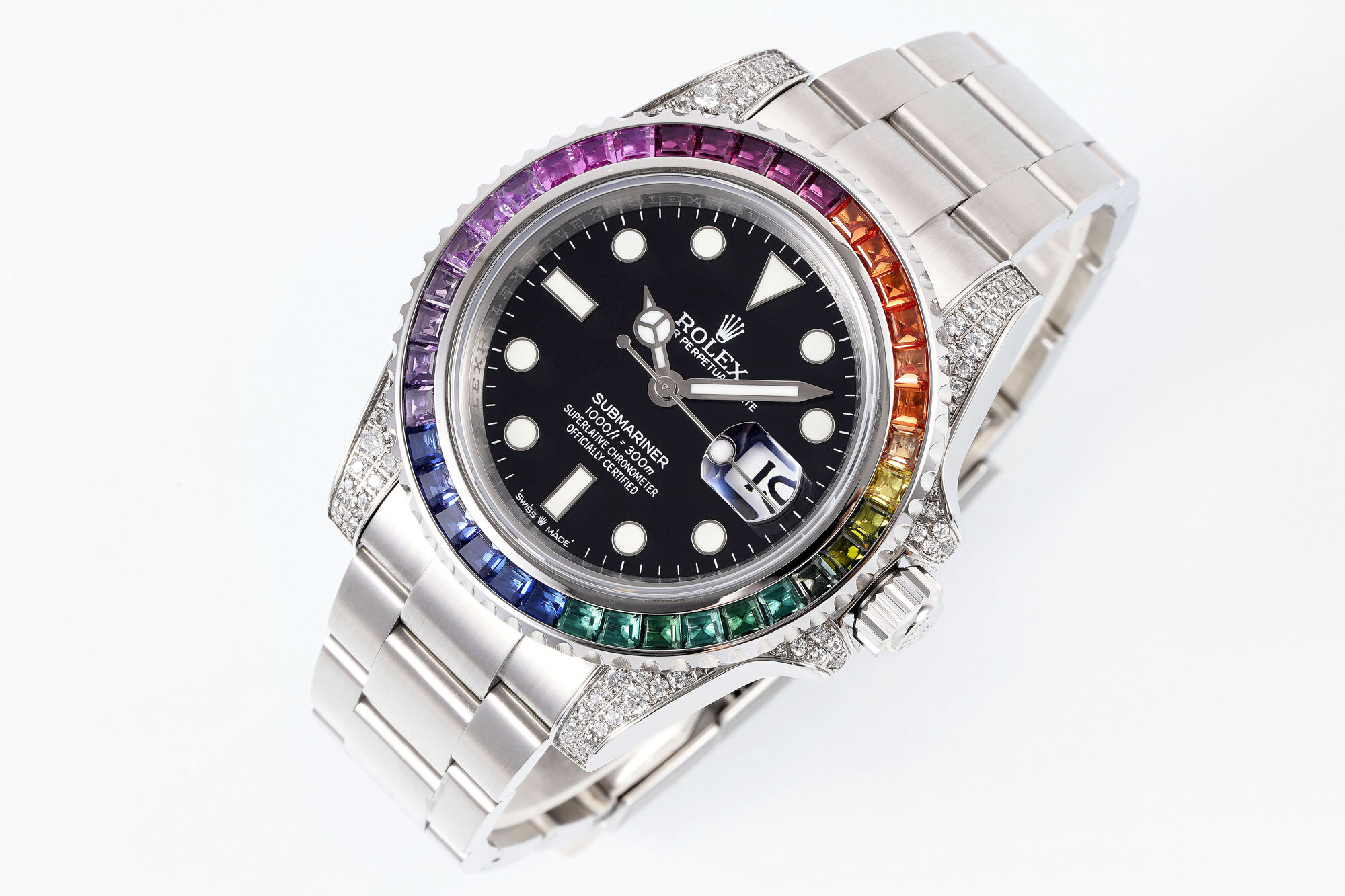 Rainbow bezel diamond-set Rolex Submariner super clone watch with black dial and stainless steel bracelet