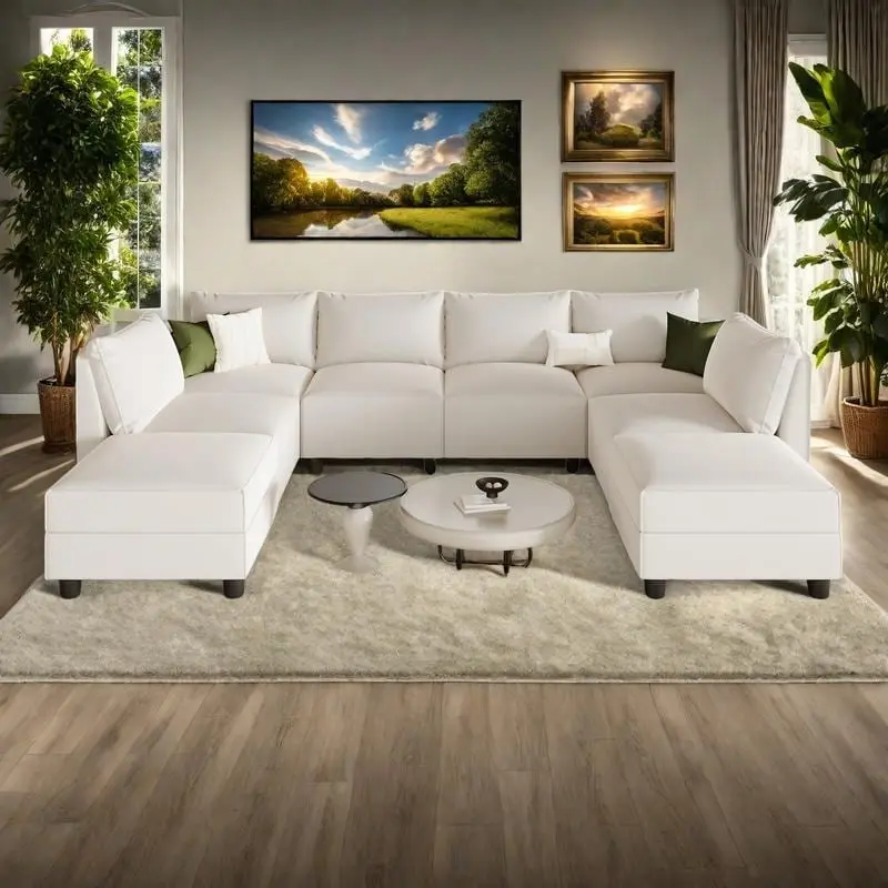 Grey / White Linen U-Shaped Sectional Sofa, 8-Seater with Storage Ottoman