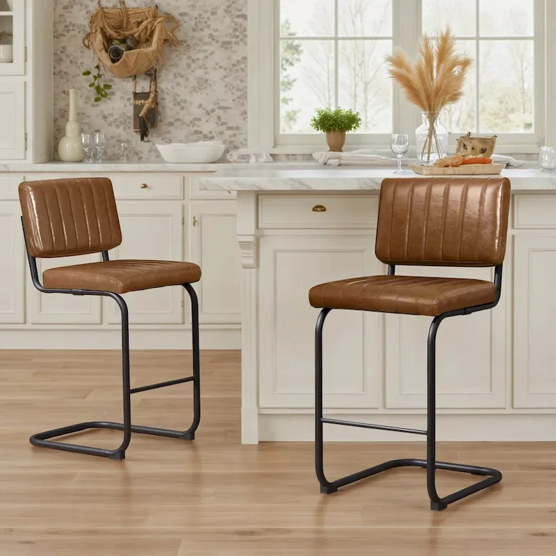 Brown Faux Leather Counter Stool with Chrome Frame