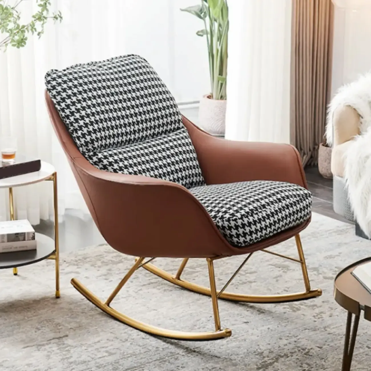Houndstooth Upholstered Rocking Chair with Track Arm
