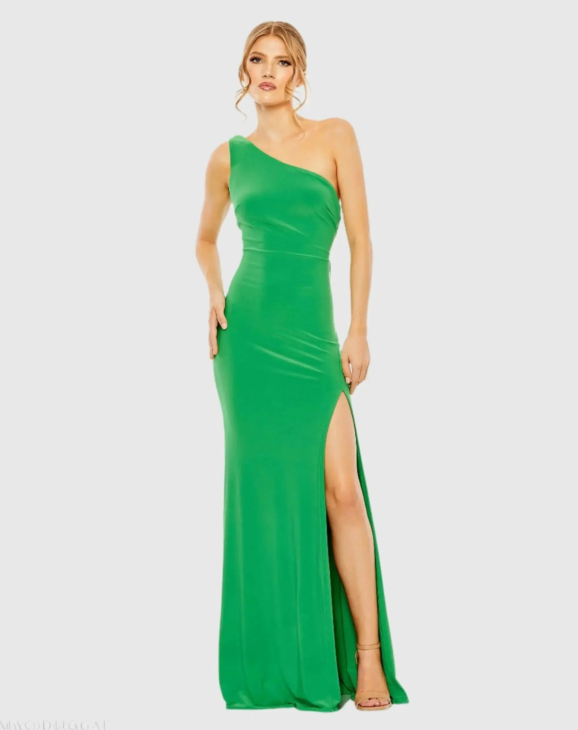 Green Jersey One Shoulder Draped Back Gown