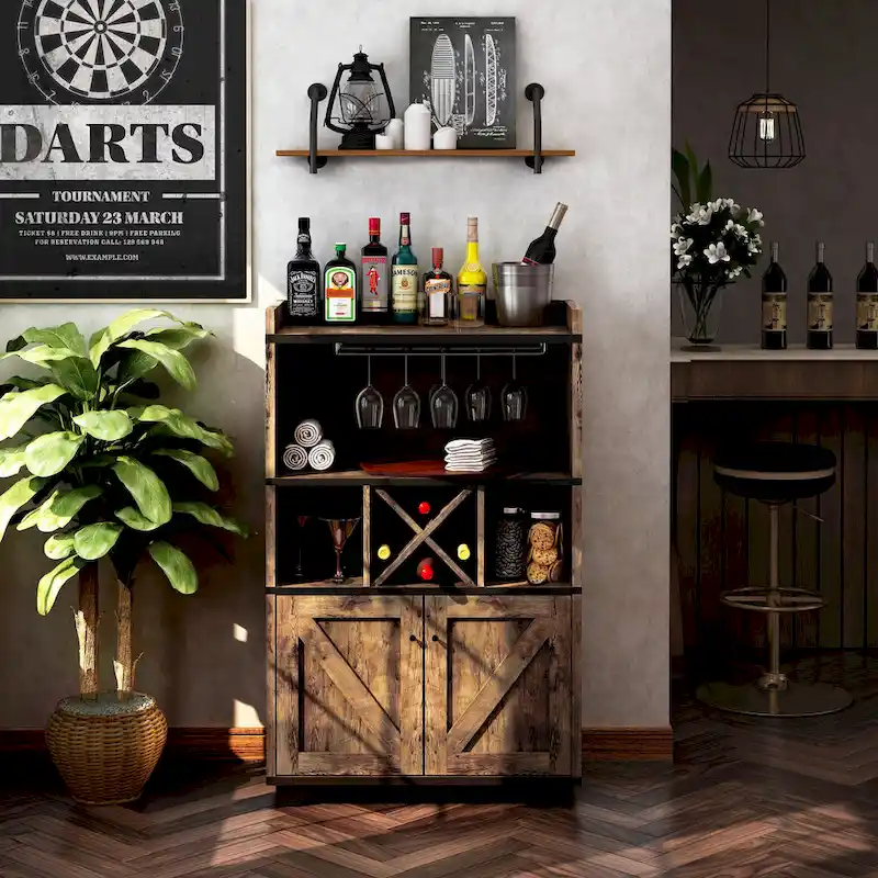 Farmhouse Wine Cabinet Buffet with Stemware Rack & 6 Shelves