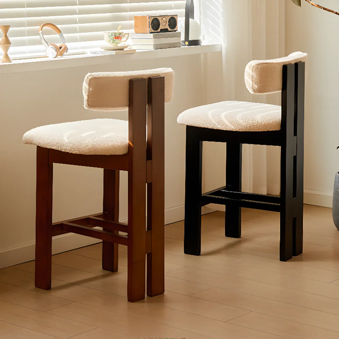Wooden Boucle Cushioned Backrest Bar Stool