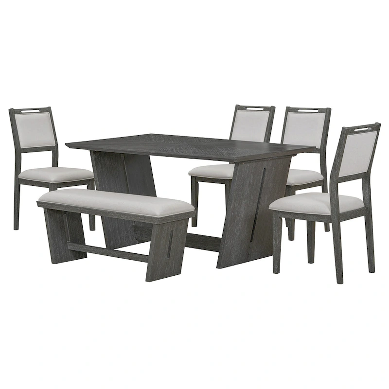 6 Pcs Dining Table Set, Wood Dining Kitchen Table and Chairs Set with Rectangular Table, 4 Upholstered Chairs and 1 Bench