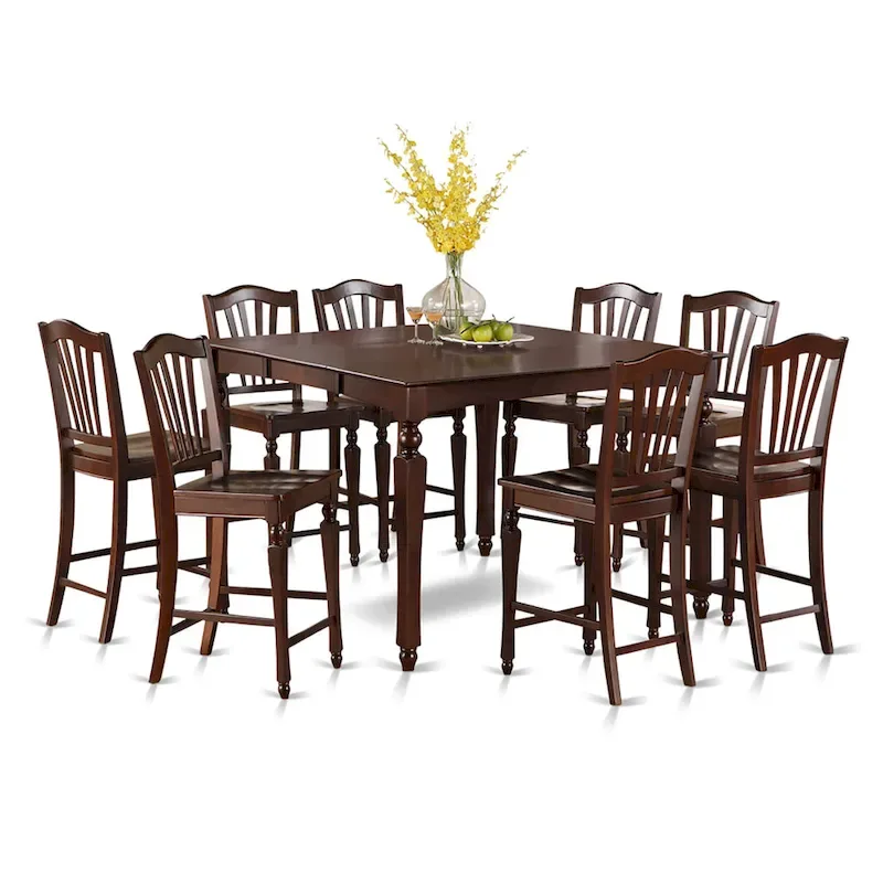 Mahogany Square Dining Table Set with Butterfly Leaf, Slatted Back Chairs – Seats 6