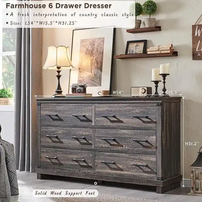 Farmhouse 6 Drawers Dresser, Wood Chest of Drawers, Closet Dresser