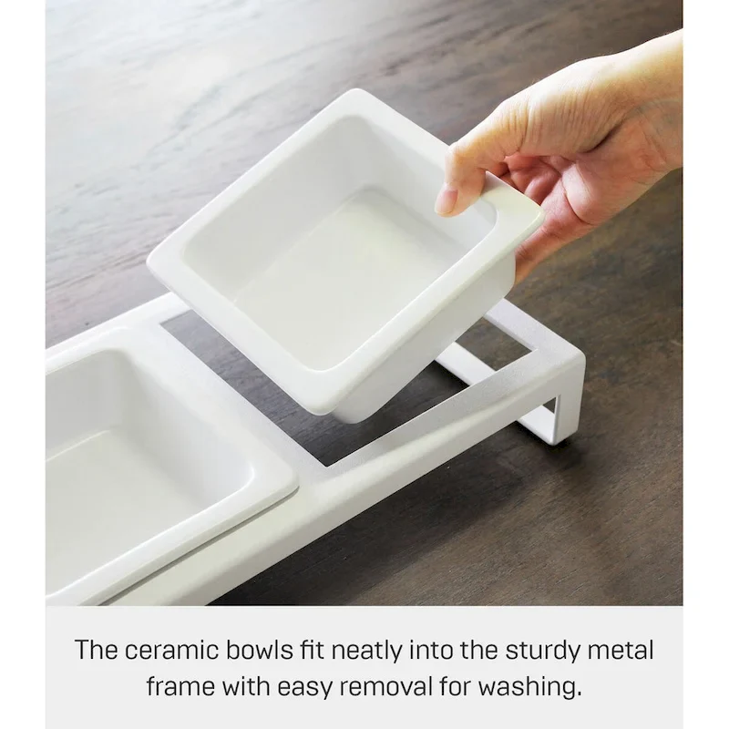 Elevated Pet Food Bowl Stand - Ceramic Bowls with Steel Frame (White/Black)