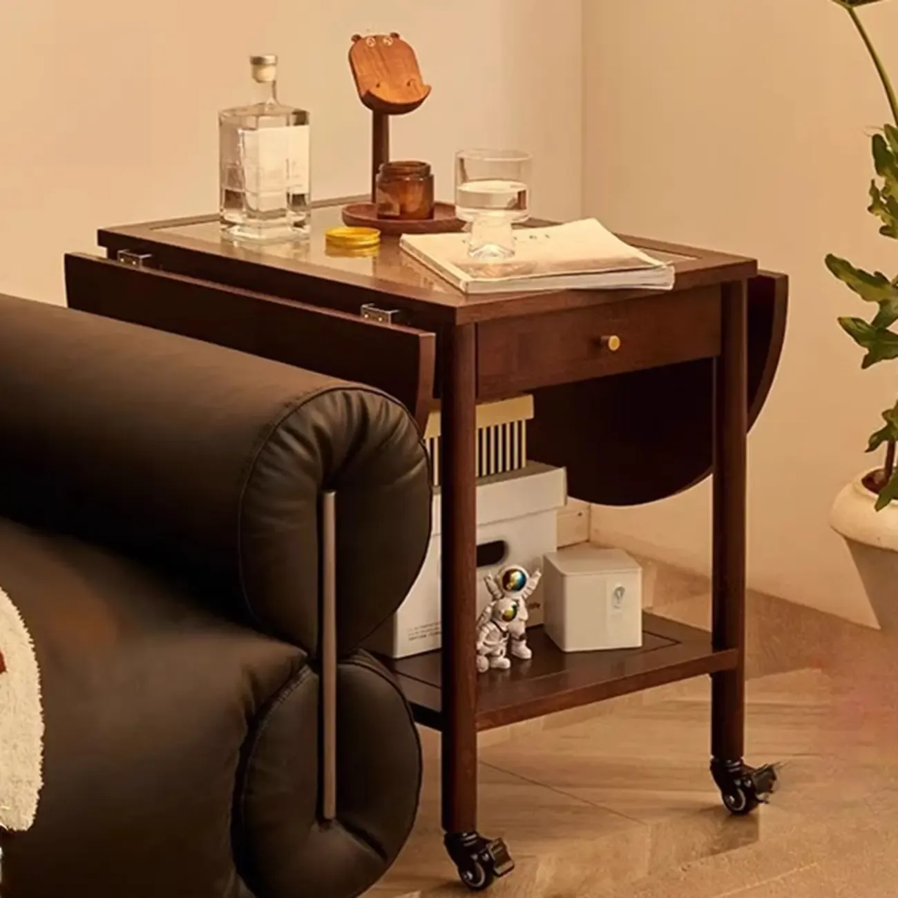 Small Foldable Mobile Wood Glass Oval Side Table with Drawer