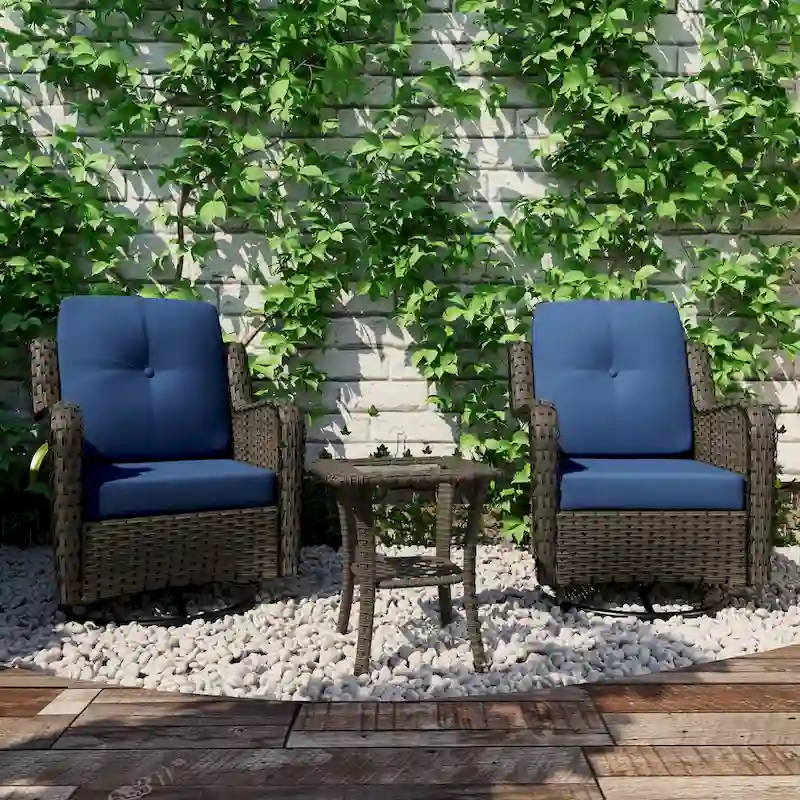 3 Piece Rattan Patio Bistro Set Outdoor Swivel Rocker Chairs