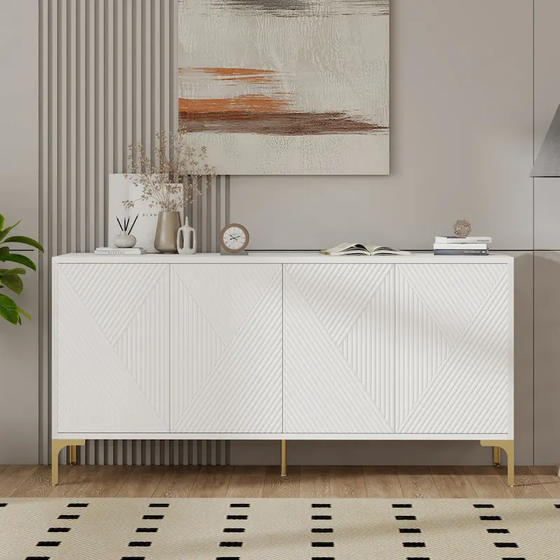 Olive Green / White 4-Door Sideboard Buffet Cabinet with Carved Panels