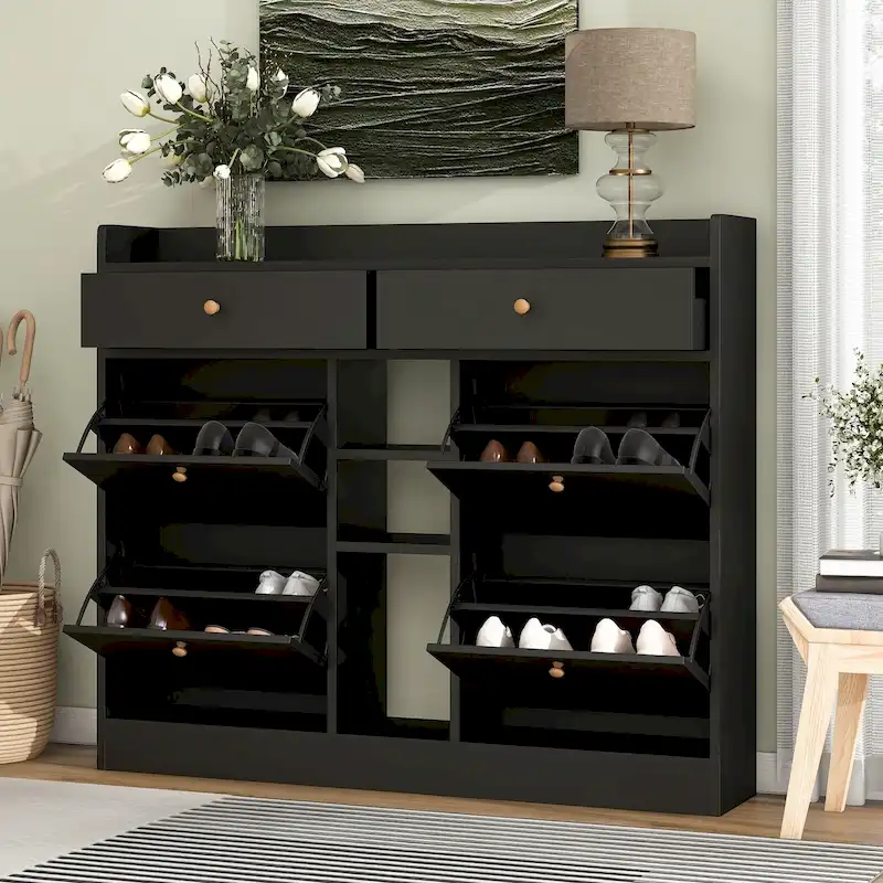 White/Black Flip-Down Shoe Cabinet, 6-Drawer 2-Tier Storage Organizer, 2-Person Assembly