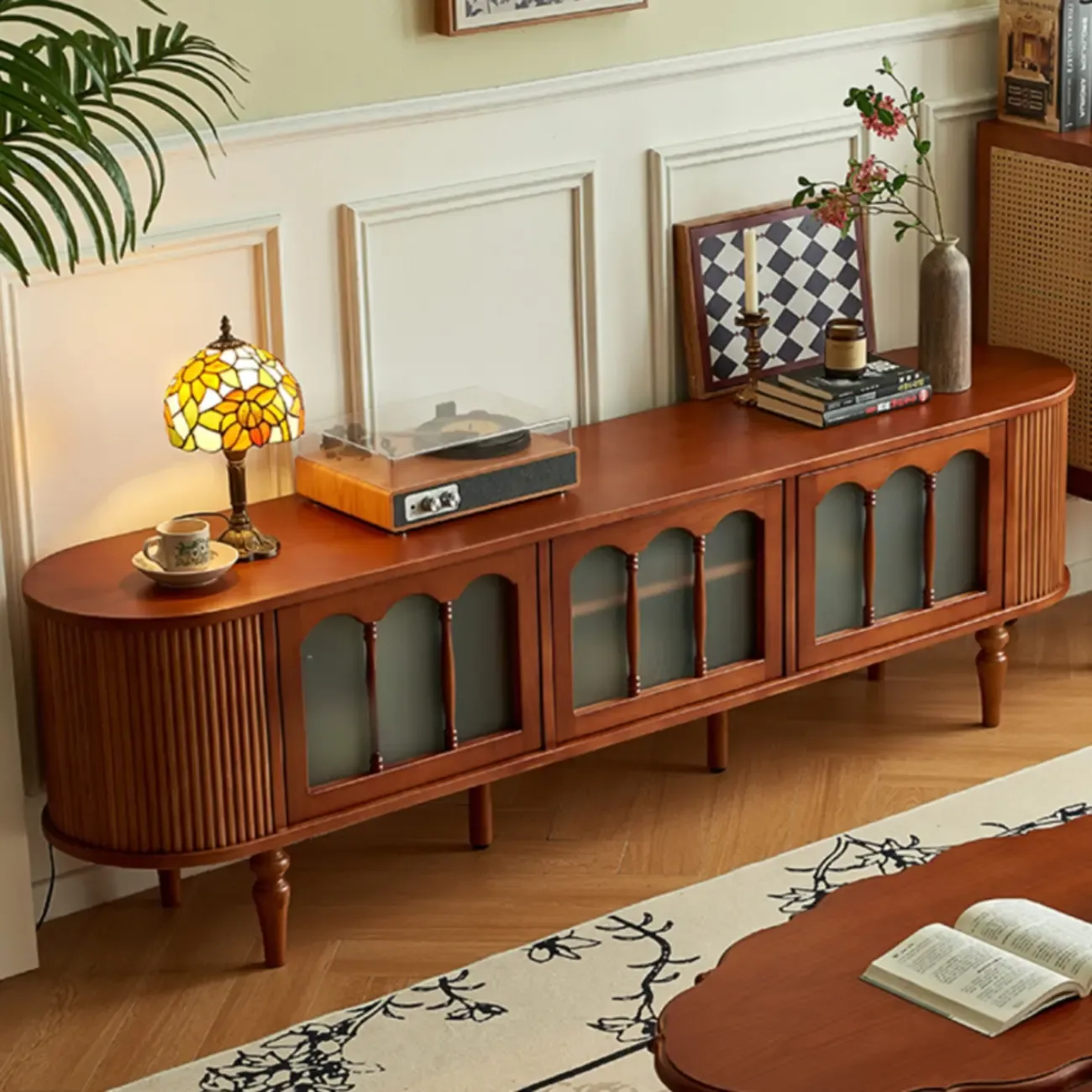 Art Deco Modern Wood TV Stand with Cable Management