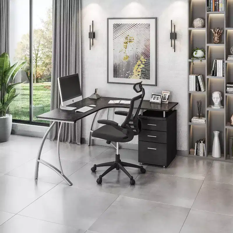 Techni Mobili Modern L Shaped Computer Desk with File Cabinet and Storage Espresso Brown: Office Workstation, MDF & Steel Construction