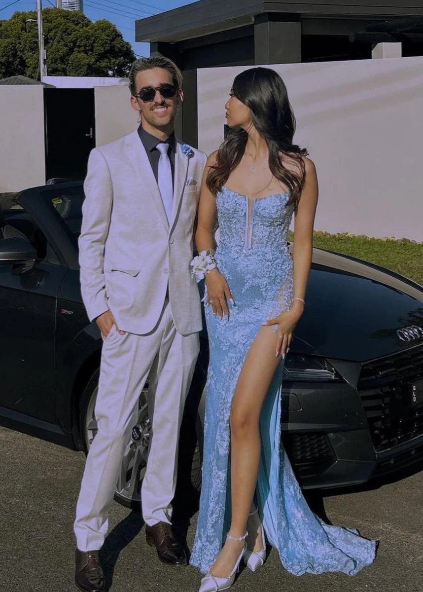 Mermaid Spaghetti Straps Appliques Prom Dress with Slit