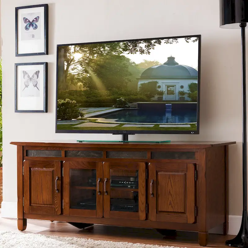 Rustic Autumn Oak TV Stand with Slate Tile Detail & Enclosed Storage - Single Use