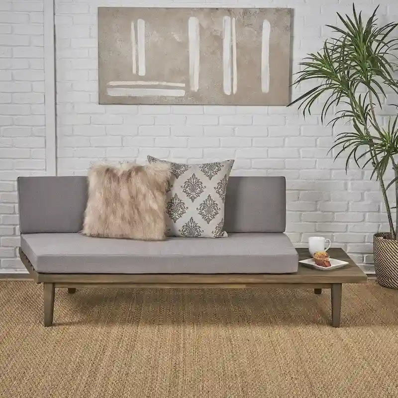 Grey/Brown Minimalist Acacia Wood Right-Sided 2-Seater Sofa (Indoor/Outdoor)