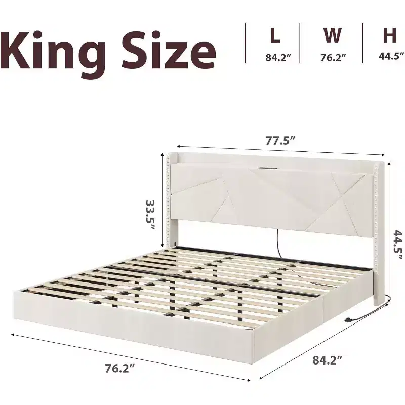GustoWave Floating Upholstered Platform Bed Frame with LED Lights & Charging Station
