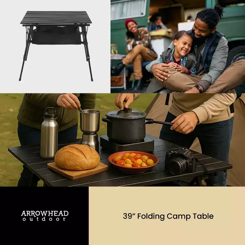 Arrowhead Outdoor Height-Adjustable Aluminum Roll-up Folding Camp Table with Under-Table Mesh Storage and Carry Bag, Black