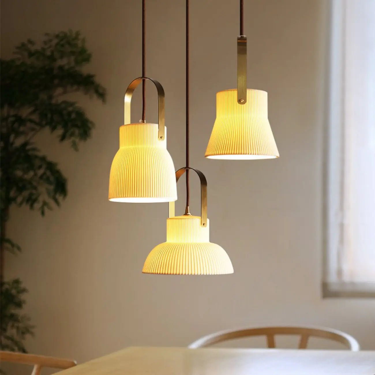 Modern Gold Metal Ribbed White Ceramic Pendant Light