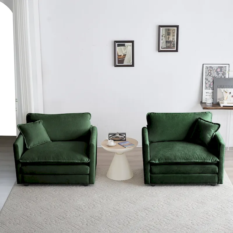 Accent Chair Set of 2, High-end Chenille Upholstered Armchairs, Living Room Side Chairs with Toss Pillow, Green Chenille
