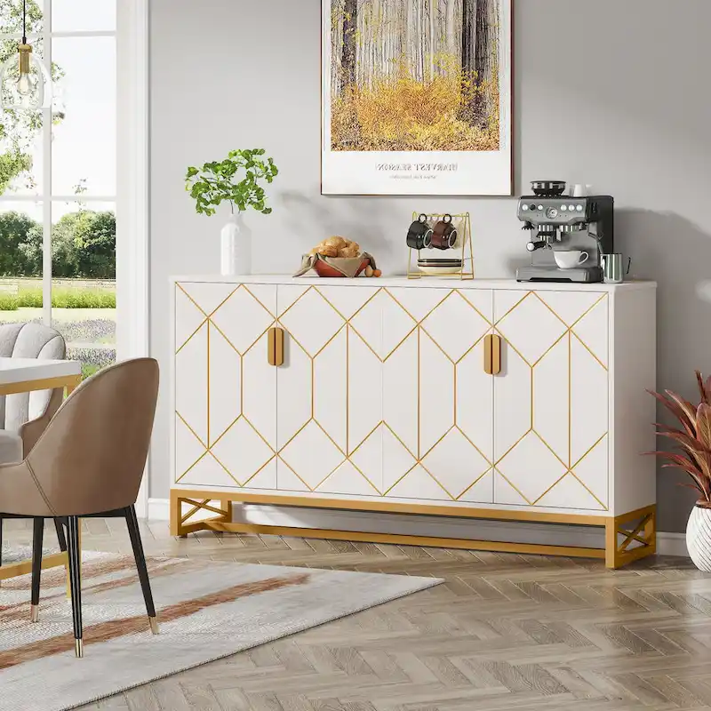 White & Gold 4-Door Sideboard – Modern Style, 1-Piece