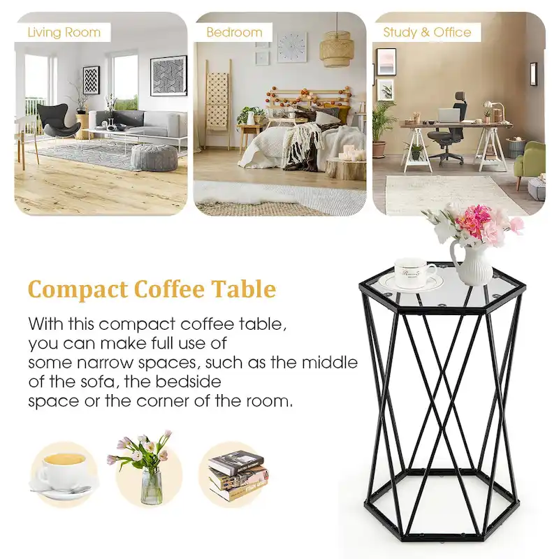 Costway End Table Tempered Glass Top Metal Frame Hexagonal Accent Side - 16