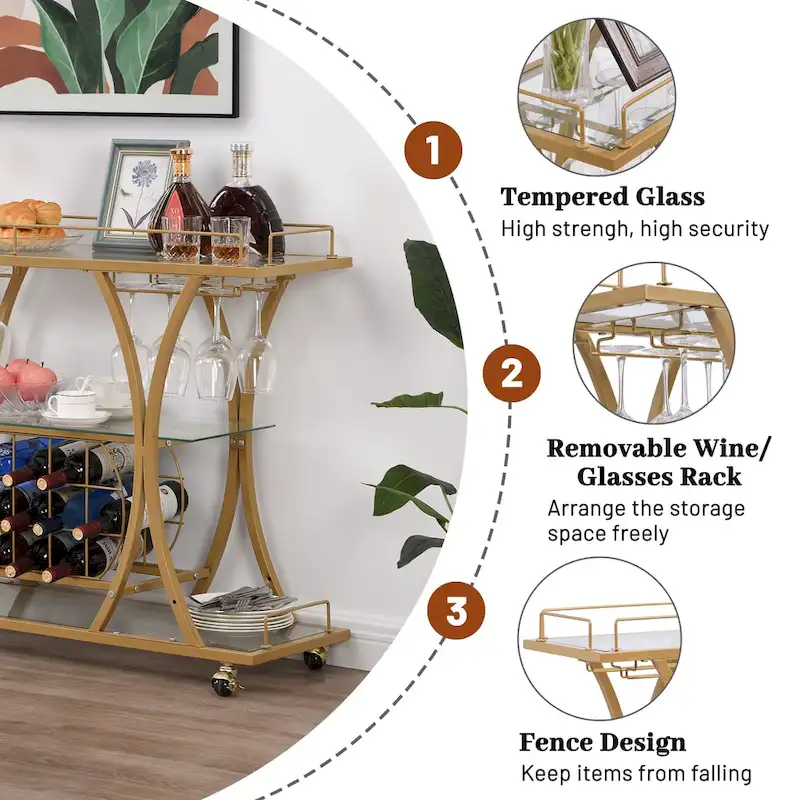 Myhozm 3-tier Serving Metal Bar Cart with Tempered Glass