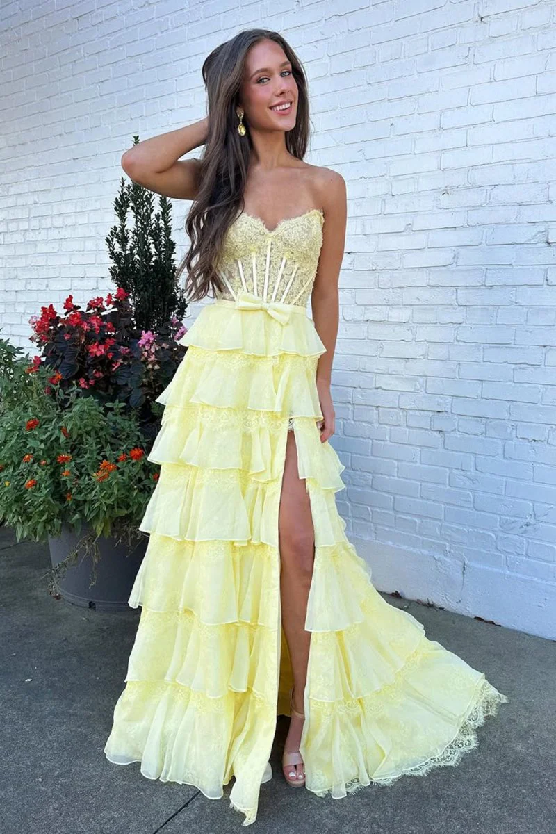 Yellow - Strapless A Line Chiffon Tiered Prom Dresses With Bow