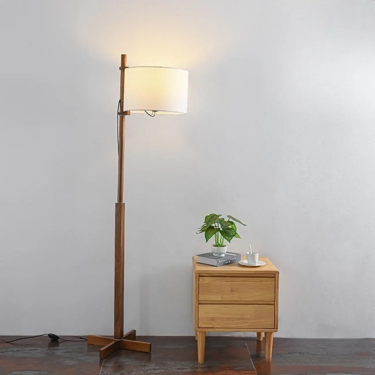 Modern Wooden Floor Lamp Fabric Shade Plug-In for Living Room