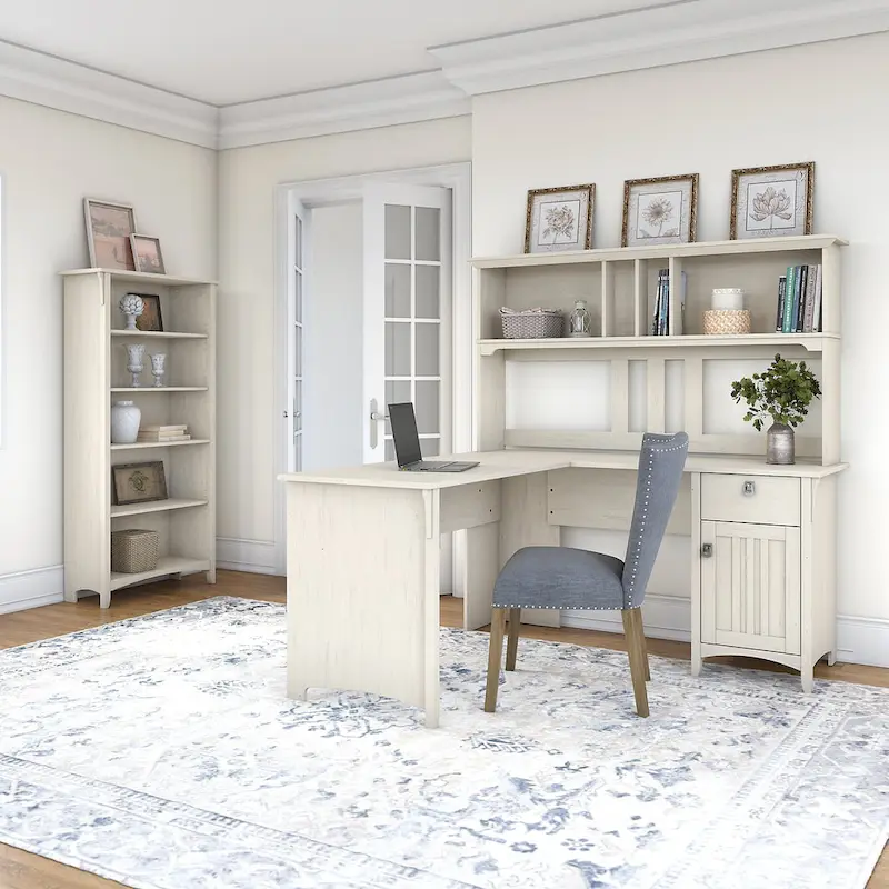 Salinas 60W L Shaped Desk with Hutch and 5 Shelf Bookcase in White