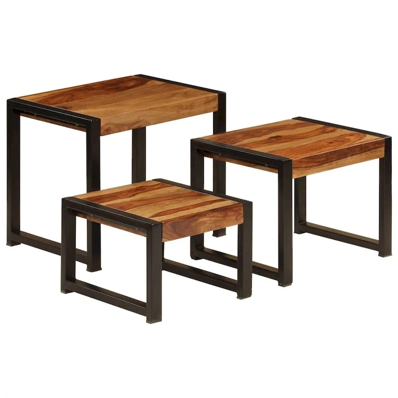 Nesting Tables Set of 3, Sheesham Wood, Black Steel Frames