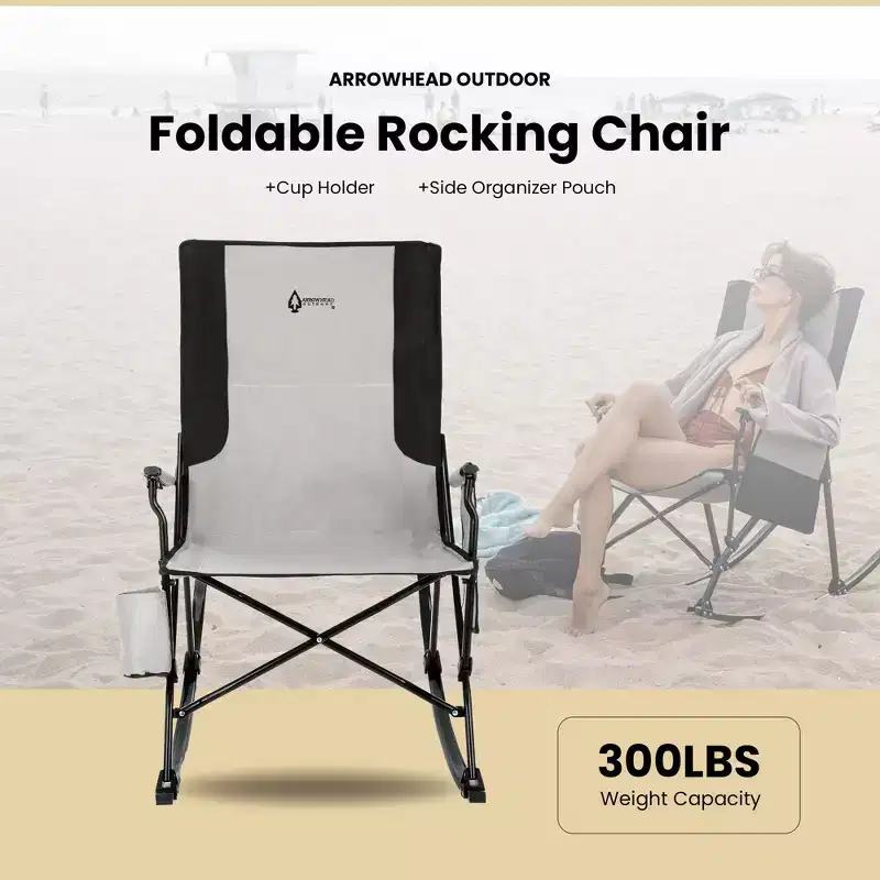 ARROWHEAD OUTDOOR Foldable Rocking Camp Chair, XL Cup Holder, Side Pocket, Space-Saving Folding, Swinging Rocker, Camping, Fishing, Patio, Black