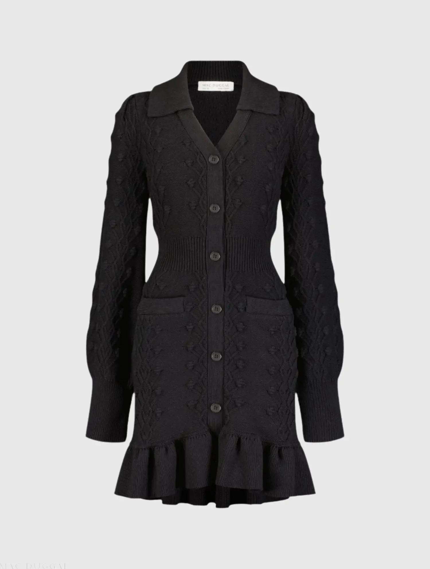 Black Long Sleeve Button Up Collared Bobble Knit Sweater Dress