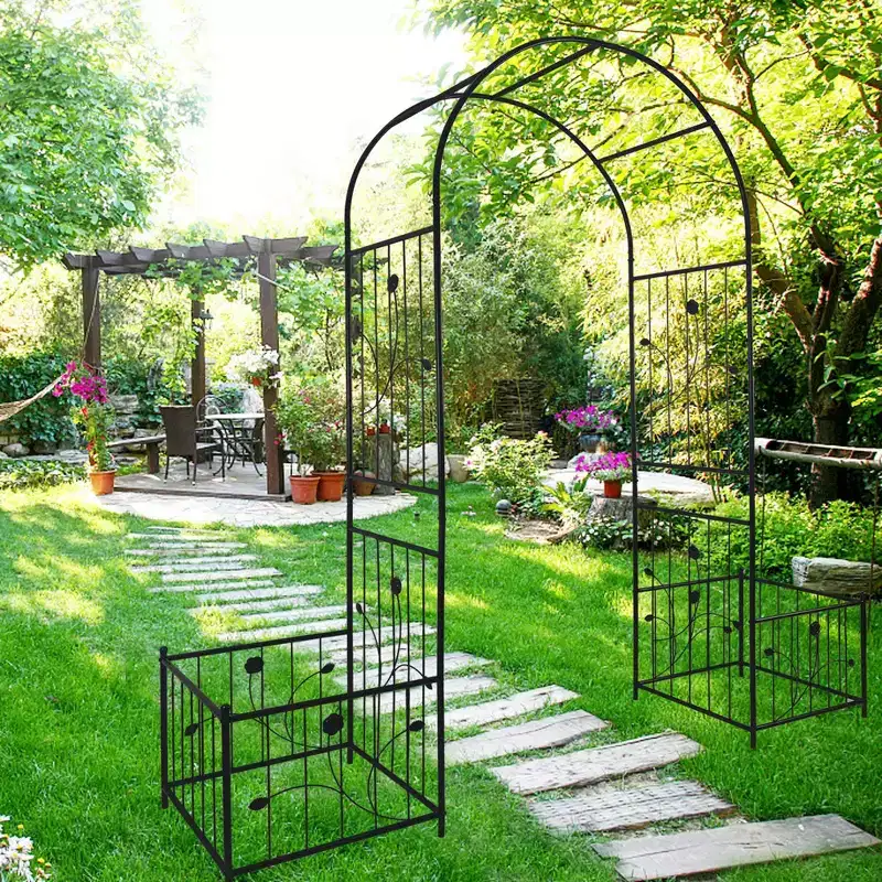 Metal Garden Arch with two plant stands 79.5 Wide x 86.6 High Climbing Plants Support Rose Arch Outdoor Black