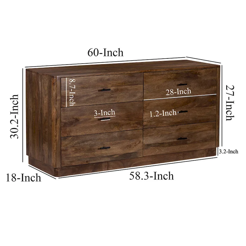 Tao 6 Drawers Dresser, Mango Wood, Walnut Finish, 60
