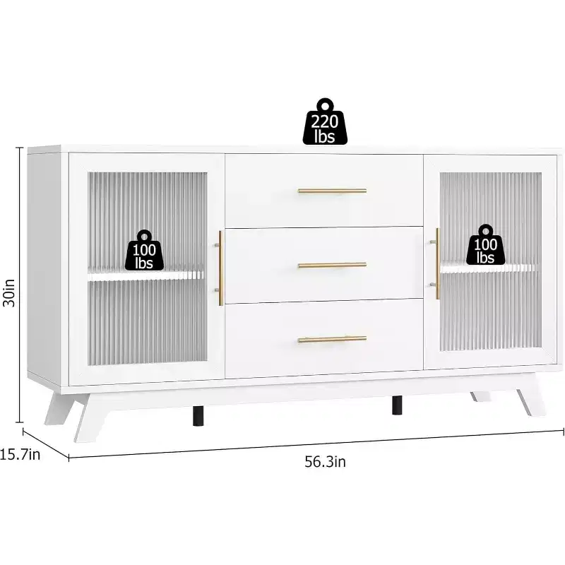 Acekool 56.3 Buffet Server with Fluted Glass Doors & Gold Handles, Adjustable Storage Cabinet, Multi-Functional Console for Dining and Kitchen