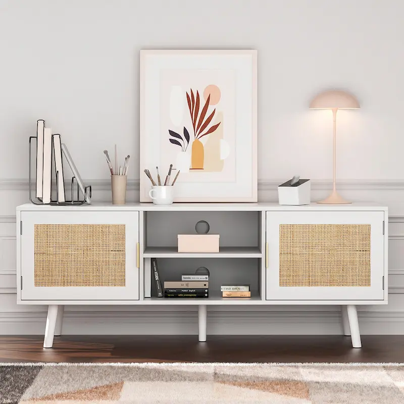 White Rattan Door TV Stand, 2-Door Style, Fits up to 75