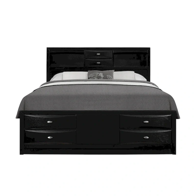 Storage Bed, 8 Drawers, Bookcase Headboard, Chambered Drawer Fronts, Metal Knobs, Solid Wood, Black, Full / Queen / King, 2-Person Use