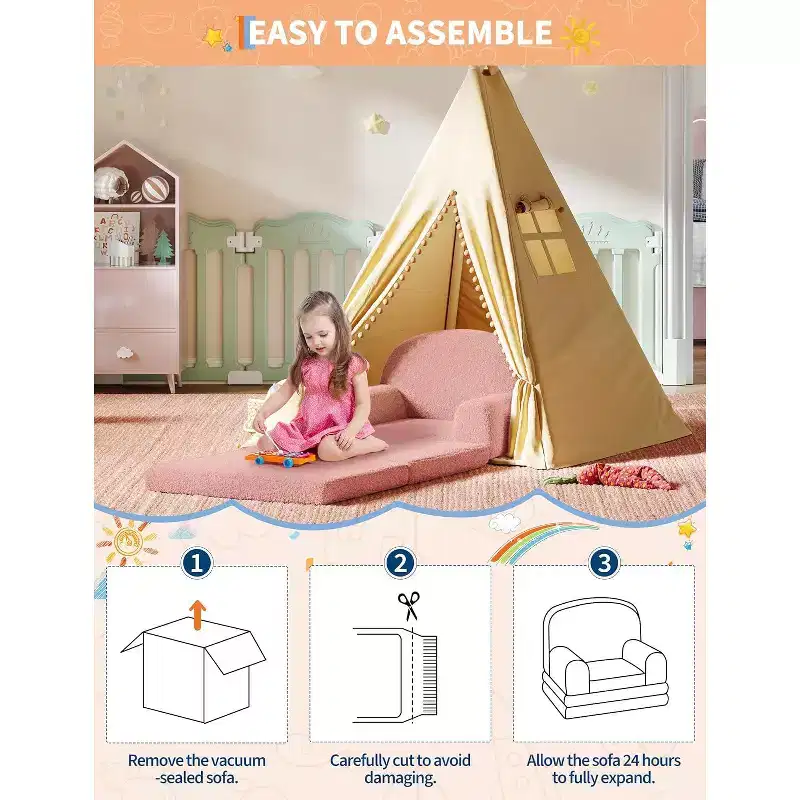 Kids Couch, 2-in-1 Convertible Teddy Fleece Fabric Toddler Sofa Chair, Soft Fold Out Couch Lounger for Kids, Comfy Children's Sofa Bed for Playroom