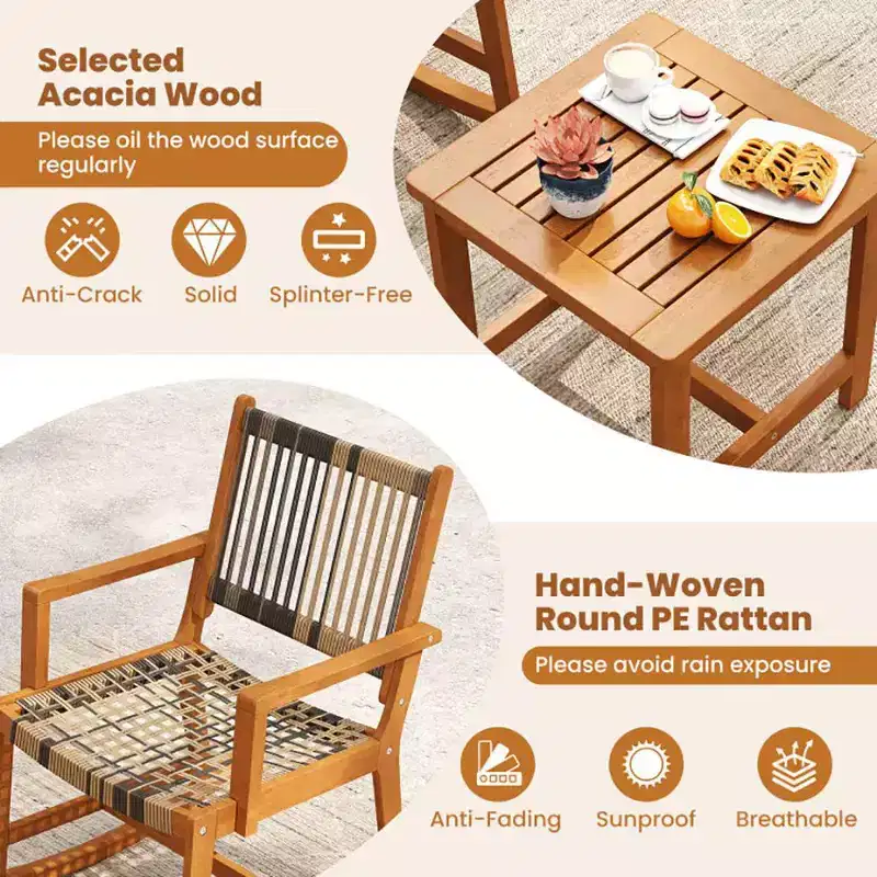 3 Piece Patio Rocking Set Acacia Wood Rocker Bistro Set with Rattan Seat and Back