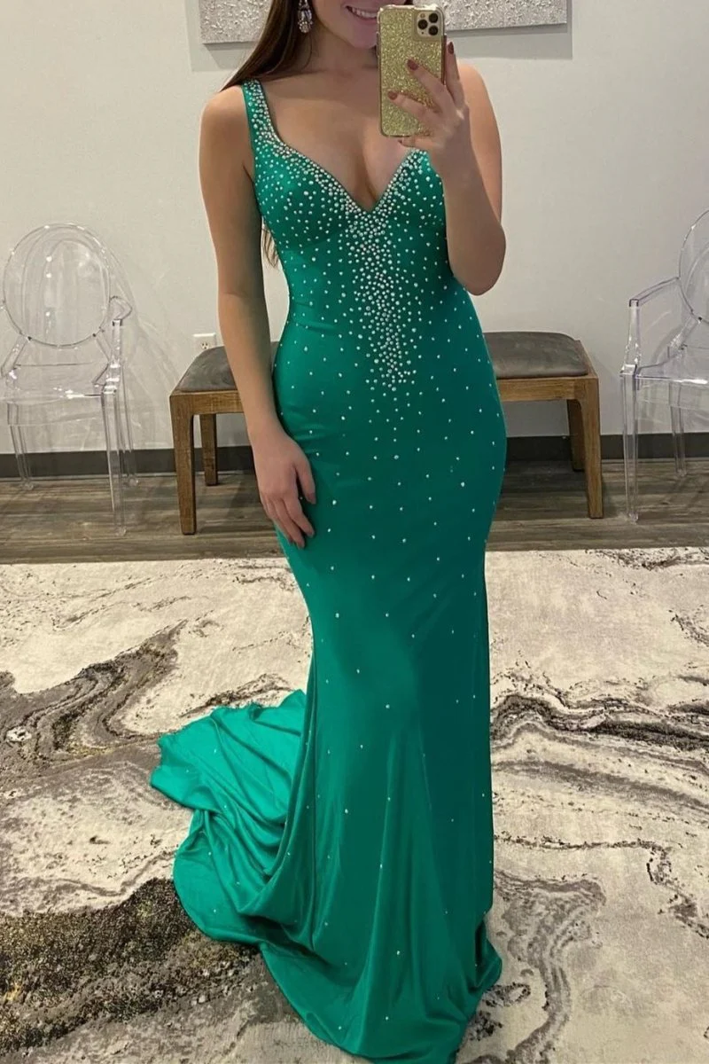 Mermaid V-Neck Beaded Satin Prom Dress with Cross Back