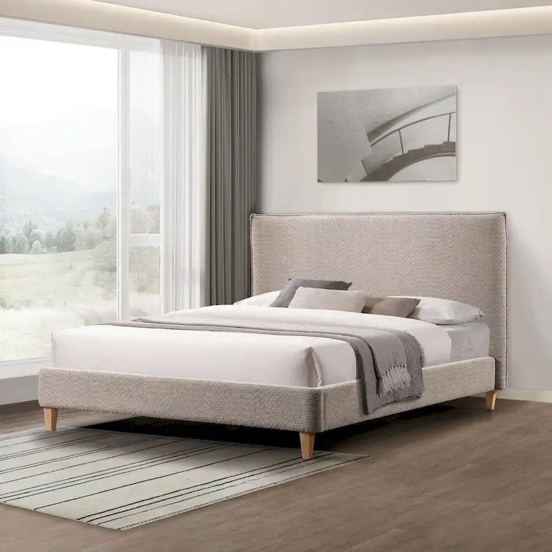 Queen Size Upholstered Platform Bed, Boucle Fabric, Velcro Noise-Reduction Straps, Cream White / Gray, 2-Person Use
