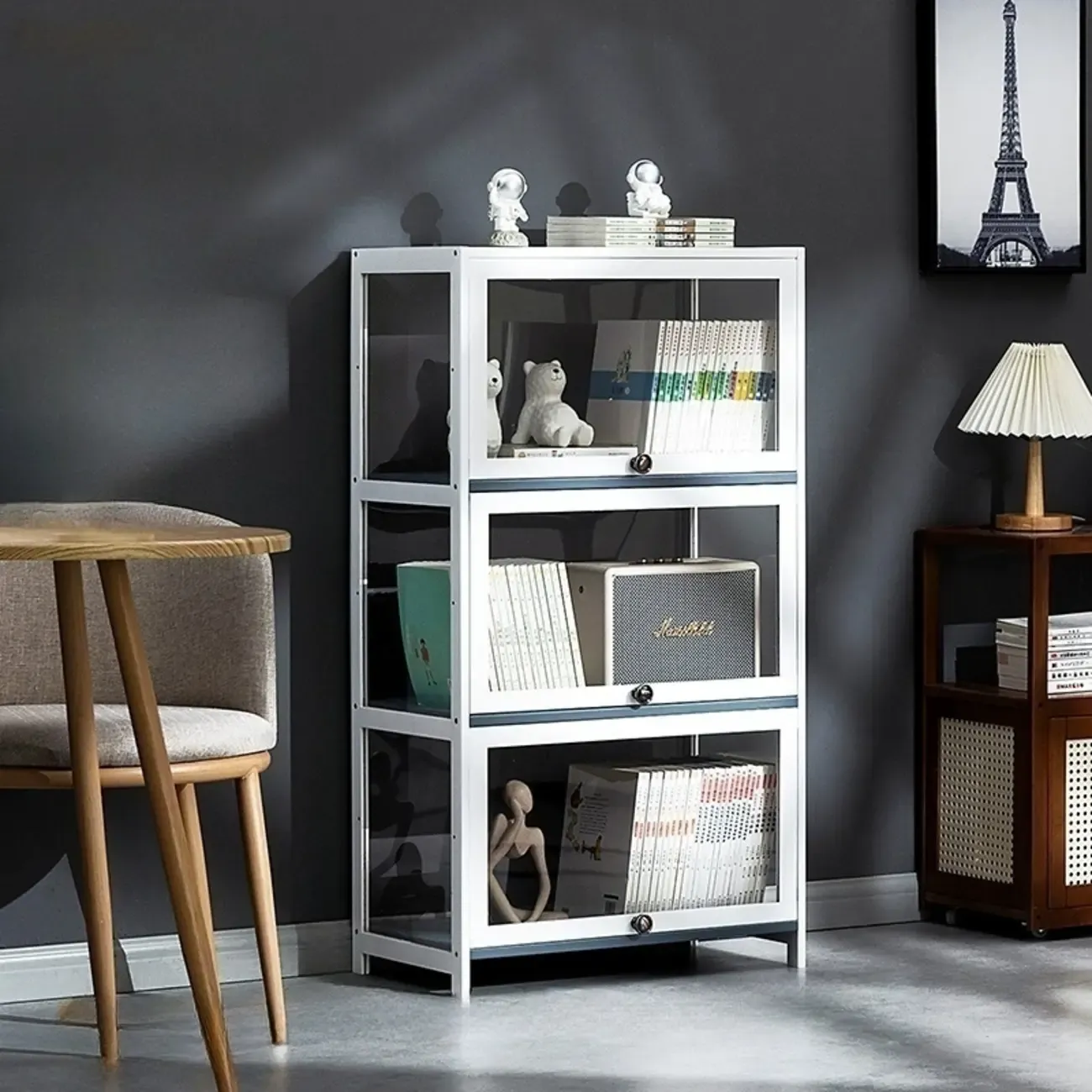 Modern White Bamboo Flip-Up Glass Display Cabinet