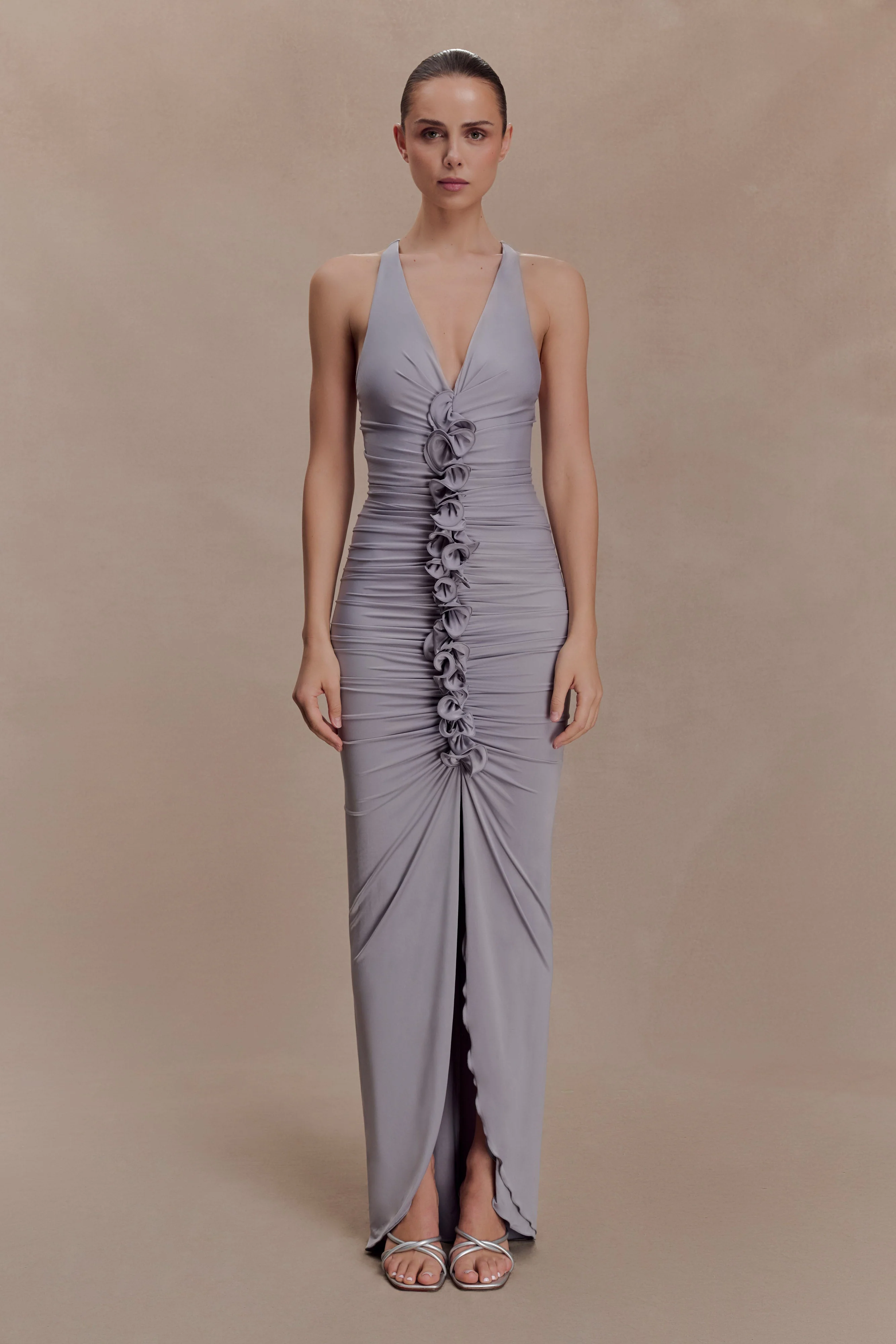 Alessandra Slinky Ruffle Maxi Dress - Grey