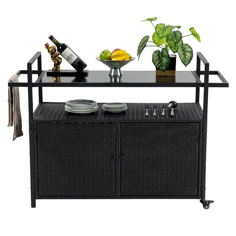 Outdoor Wicker Patio Wine Serving Cart with Wheels,Glass Top for Porch Backyard Garden Poolside Party