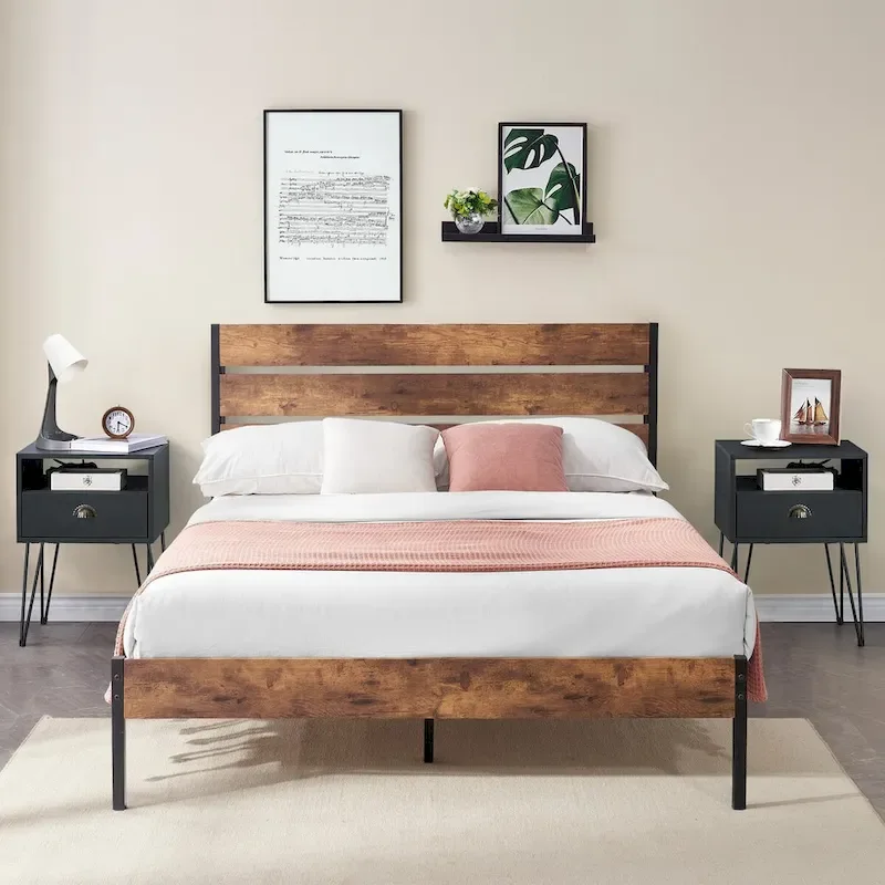 Taomika 3-Pieces Industrial Bed and Modern Square Nightstands Set