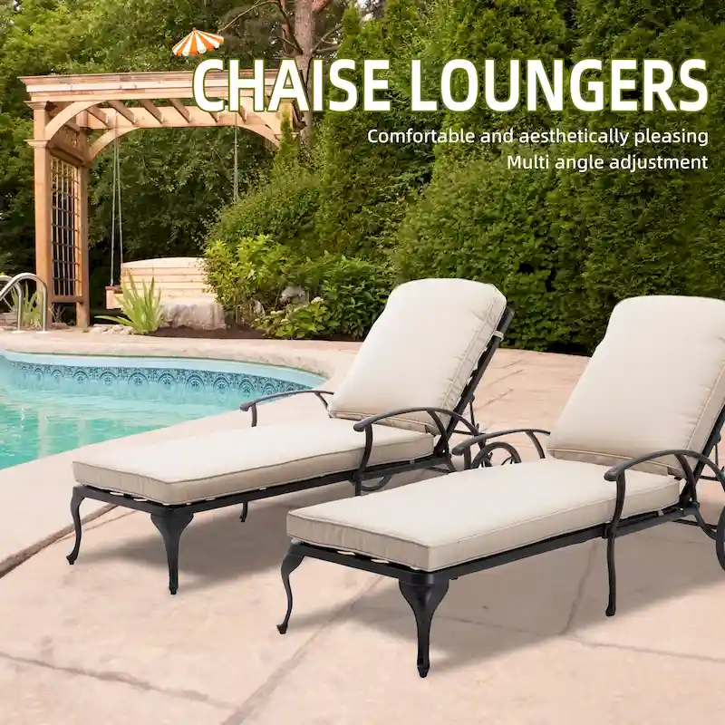 Aluminum Reclining Outdoor Chaise Lounge with Wheels and Cushions (Set Of 2)